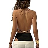 SweatyRocks Women's Backless Skinny Halter Bodysuit Sleeveless Deep V Neck Leotard Top