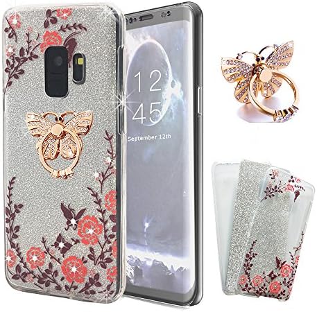 ZHFLY Galaxy S9 Plus case (Front+Back Gel), Glitter 360 Degree Protective Shockproof 2 in 1 Slim Clear Crystal Soft TPU Rubber Case Bling Diamond Cover, Clear + Butterfly Ring Holder