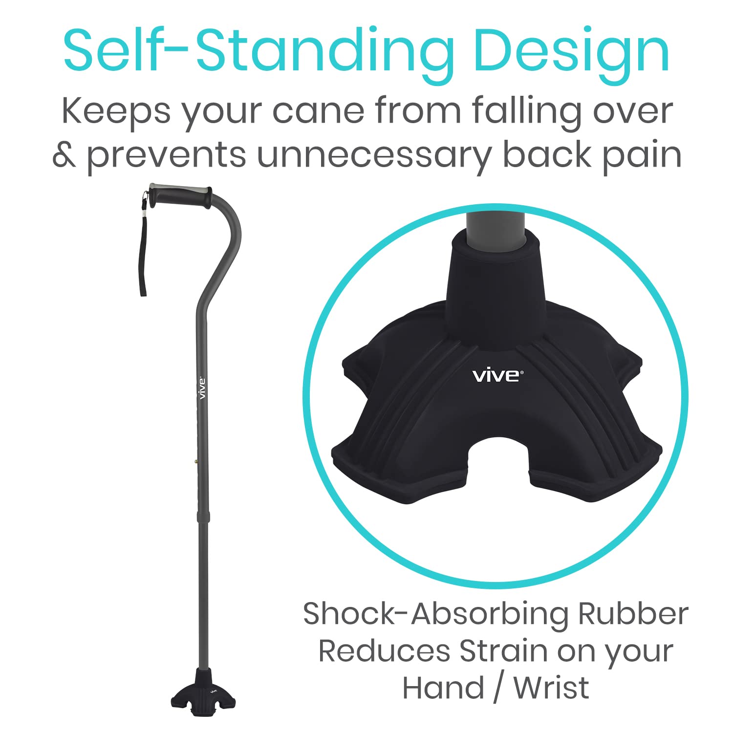 Vive Cane Tip - Self Standing Quad Base Replacement for Most Walking Canes, Walking Sticks, Folding Canes or Offset Quad Pod or Tripod Canes - 4 Prong Rubber Cane Foot Pad