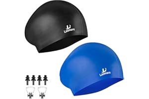LASMARE Long Hair Swim Cap for Women 2 Pack, Silicone Swimming Caps for Unisex Adult Women Men with Ear Plugs & Nose Clip Set, Waterproof Adult Swim Hats Bathing Caps to Keep Hair Dry