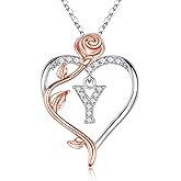 Iefil Rose Heart Necklaces Gifts for Women - 925 Sterling Silver Rose Heart Initial Necklace, Anniversary Birthday Gifts for Women, Jewelry Gift for Her Wife Girlfriend Mom Daughter