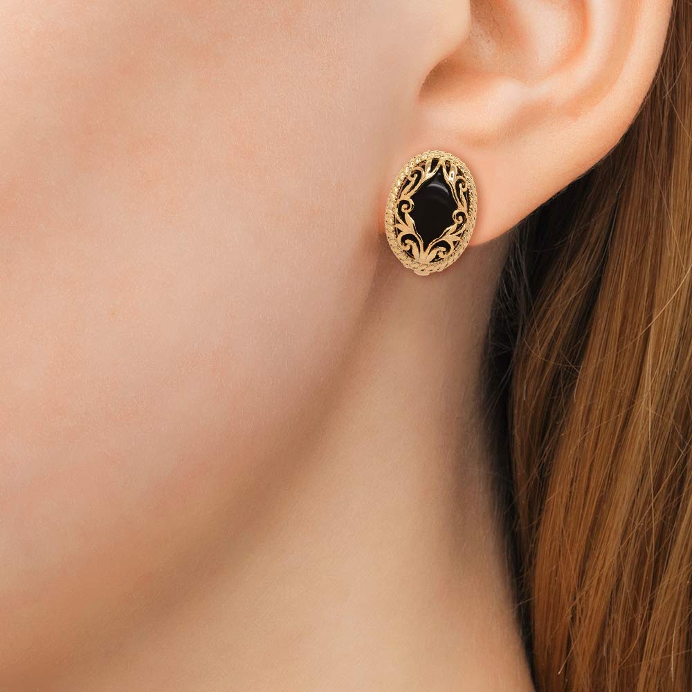 Vintage Black Clip on Earrings Oval Ornate Scroll Gold Plated Women Fashion