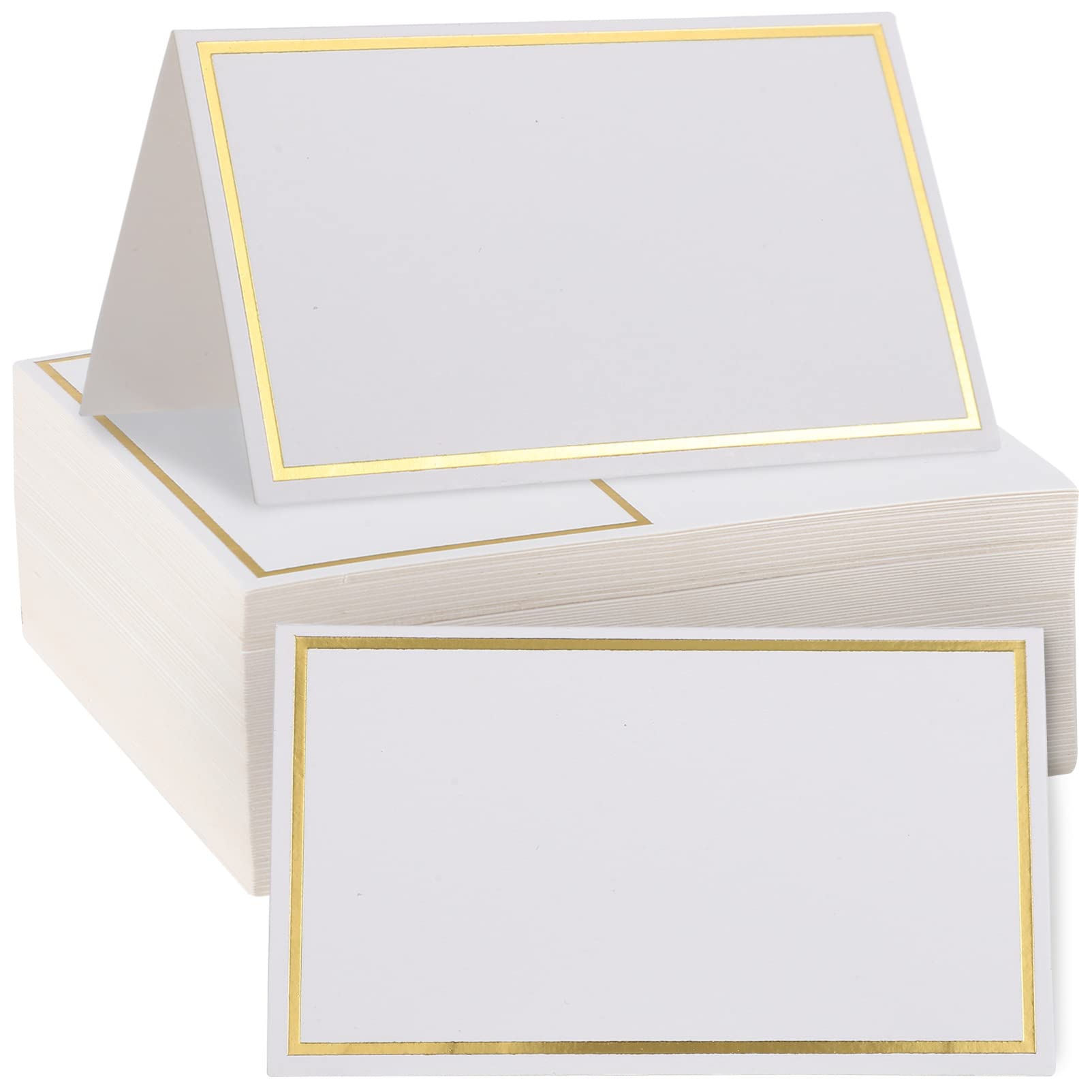 EXCEART Gold-Stitching Table Card - 100Pcs Elegant Place Cards for Weddings and Events White Blank Name with Gold Foil Border for Table Settings