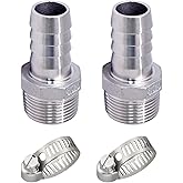 Pysrych Stainless Steel 304 Hose Barb Fitting, 5/8" Barbed x 3/4" NPT Male Straight Adapter Connector with 2 Hose Clamps, Pac