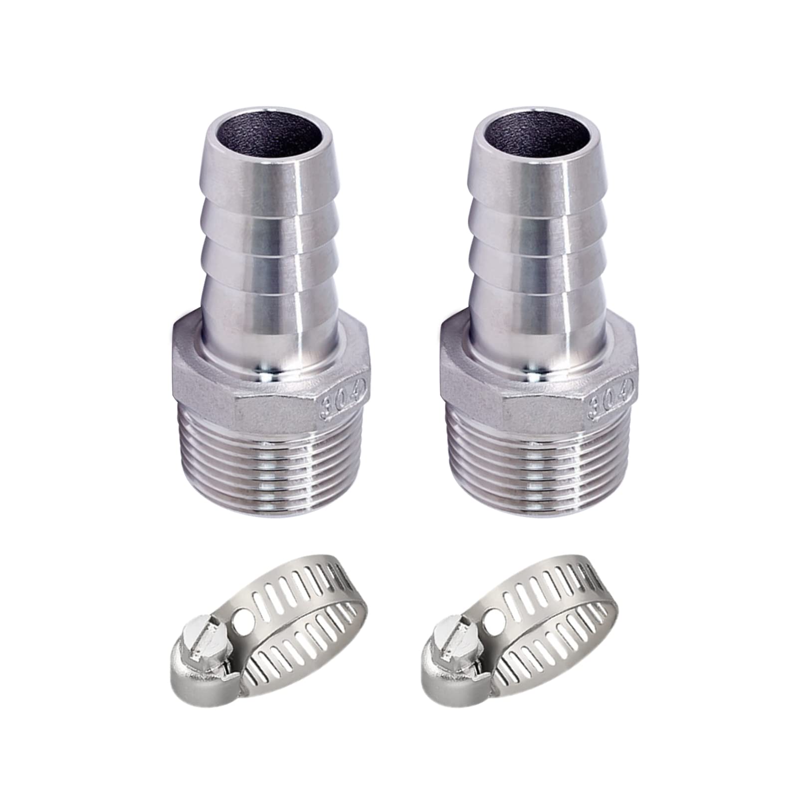Photo 1 of Pysrych Stainless Steel 304 Hose Barb Fitting, 1-1/4" Barbed x 1-1/4" NPT Male Straight Adapter Connector with 2 Hose Clamps, Pack of 2