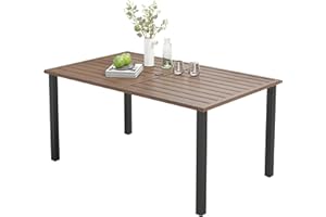 MIXPATIO Outdoor Patio Dining Table for 6, 60" x 36" Rectangular Metal Patio Dining Table with Umbrella Hole and Wood-Like Tabletop, All Weather Wrought Iron Outdoor Table for Backyard and Porch