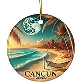 Cancun Mexico Christmas Ornament Beach Souvenir Travel Keepsake Tropical Riviera Maya Double Sided Ceramic Holiday Decoration, Vacation Gift for Travelers, Family Mexican Coast Xmas Tree Ornament
