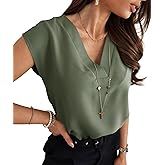 Lynwitkui Women's V Neck Chiffon Blouses Cap Sleeve Shirts Casual Loose Work Office Solid Tops