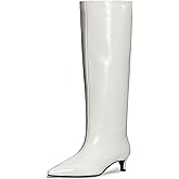 COMJUY Kitten Heel Knee High Boots for Women, 1.5-in Stiletto Low Heel Long Boots Women Knee High, Womens Pull on Pointed Toe Tall Boots, Below the Knee Boots Faux Leather