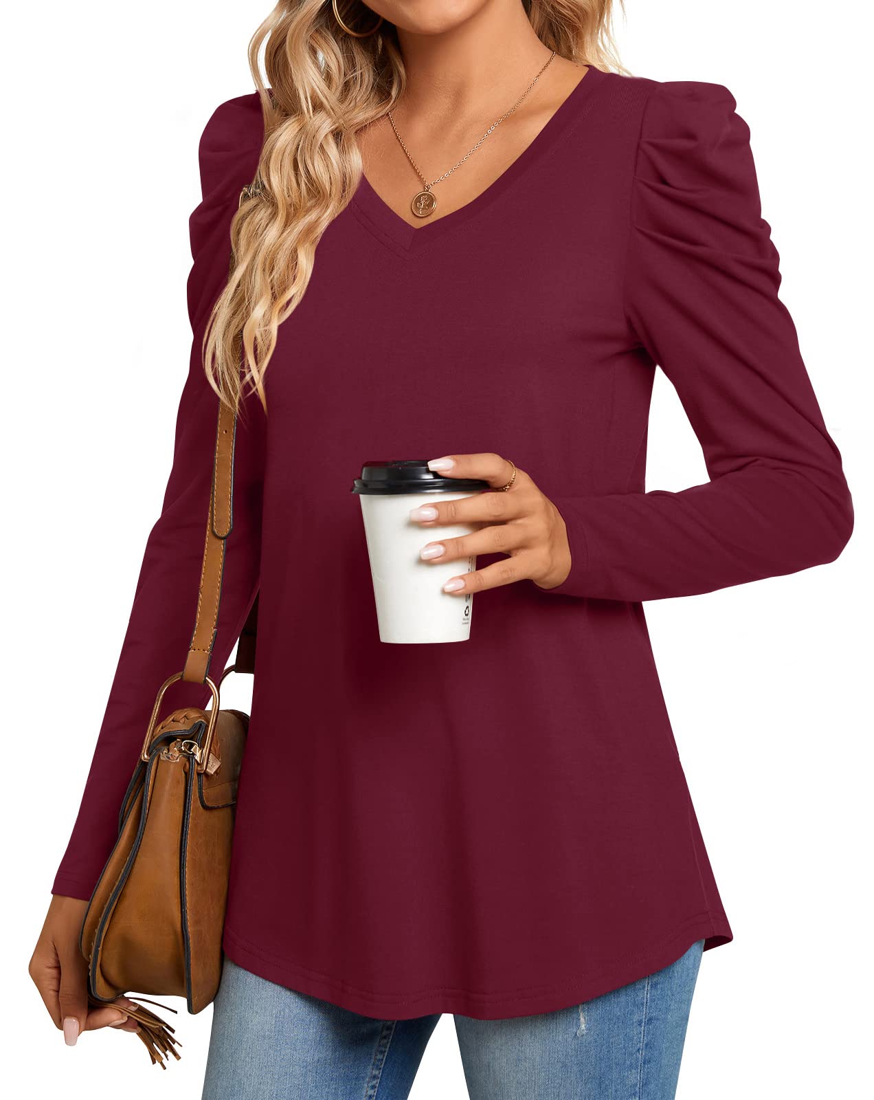 Photo 1 of Anydeer Women's Long Puff Sleeve Tunic Tops Fall Pleated Tshirts V Neck Casual Blouses Loose Pullover, 3XL, Long V Wine Red