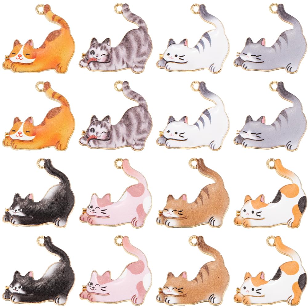 SUNNYCLUE 1 Box 32Pcs 8 Colors Cat Enamel Charm Mini Pet Charms Bulk Assorted Golden Metal Alloy Printed Carton Animals Kitty Dangle Charm for Jewellery Making Charms Earrings DIY Crafts Accessories