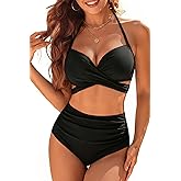 High Waisted Underwire Bikini Sets - Women 2025 Two Piece Swimsuits Halter Bathing Suits with Tummy Control Bottom