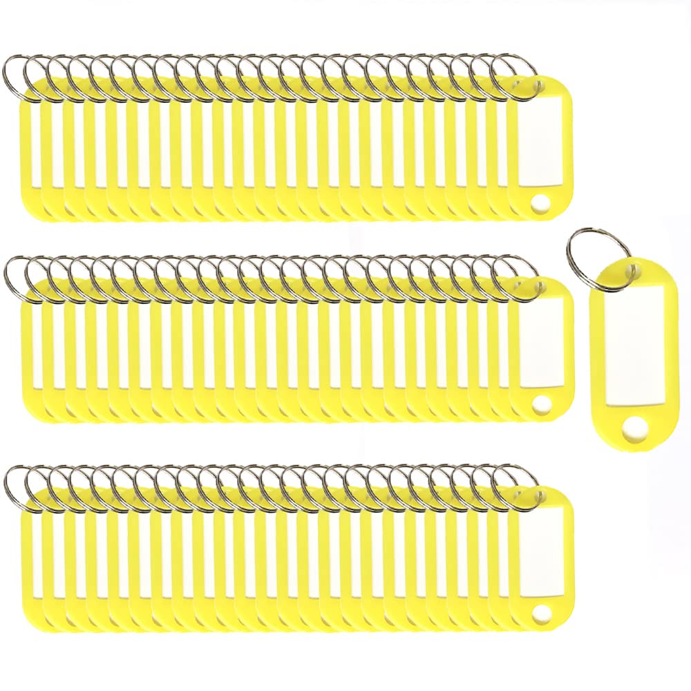 Key Tags 100 Pieces Keyring Tags Key Labels Plastic Key Fobs Id Tags Key Rings Name Tags Luggage Id Labels with Labels Split Ring Keyring (Yellow)