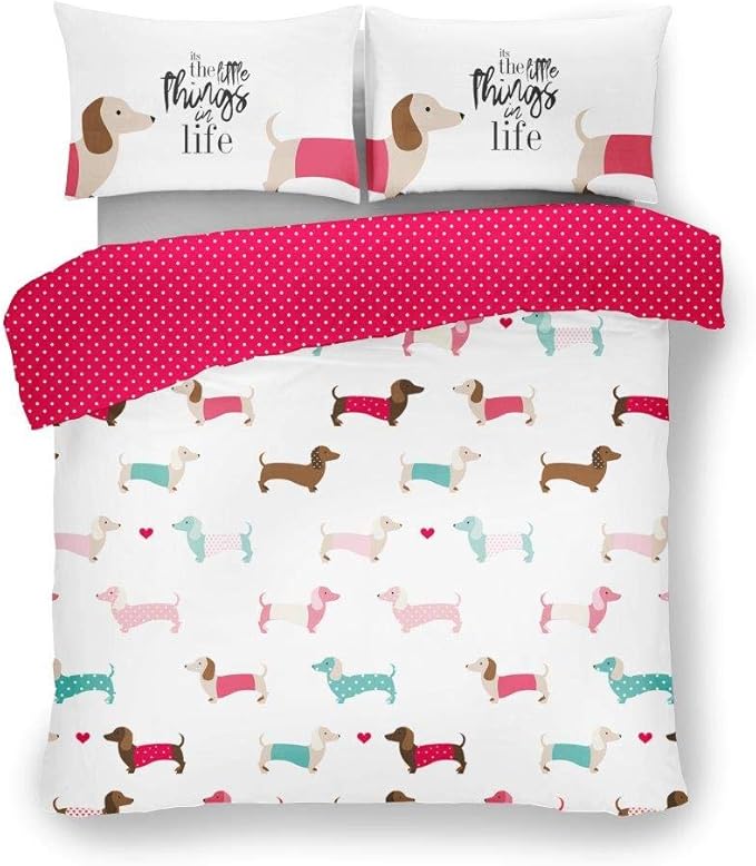 GoldStar® Sausage Dog Pink Single Duvet Quilt Cover With Pillowcase