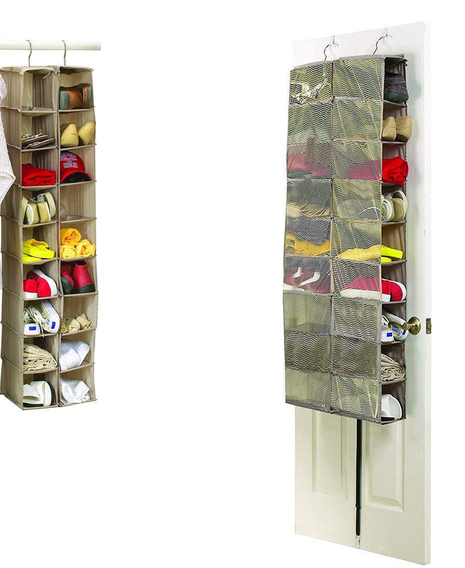 Brilliant Feet CST021 - Large Heavy Duty 18 Pocket Hanging Shoe Organiser - 18 Pairs of Shoes - Robust Oxford Canvas-Type (600D) - Mesh Compartments - 34 x 138 x 30cm or 60 x 138 x 17cm - Beige