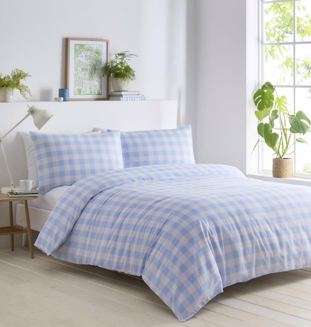 Gingham Duvet Sets Check Bedding Quilt Cover Pillow Cases (Blue, Single)