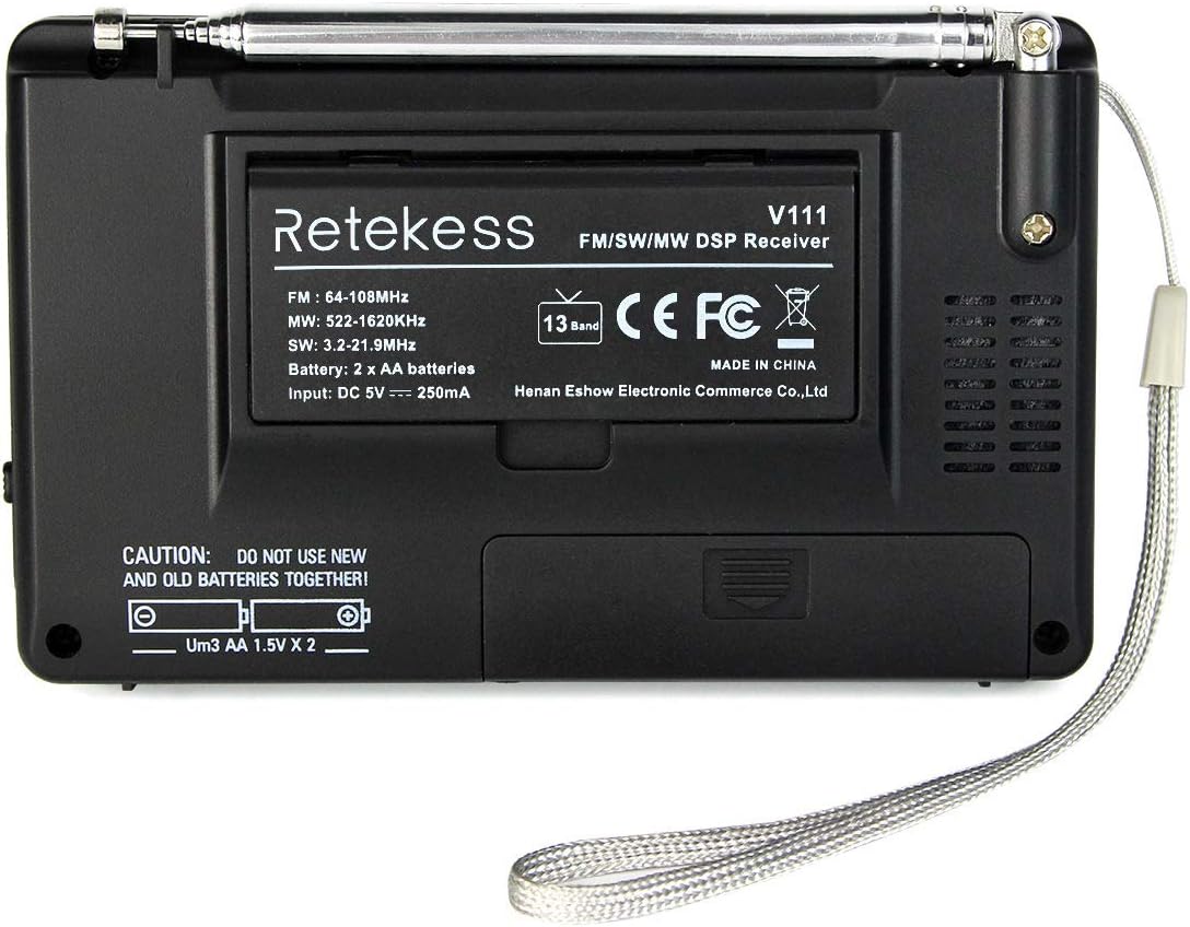 Retekess V111 Portable AM FM Shortwave Radio Alarm Clock Battery Operated AA Battery with Earphones Jack Sleep Timer for Travel(Black): Electronics