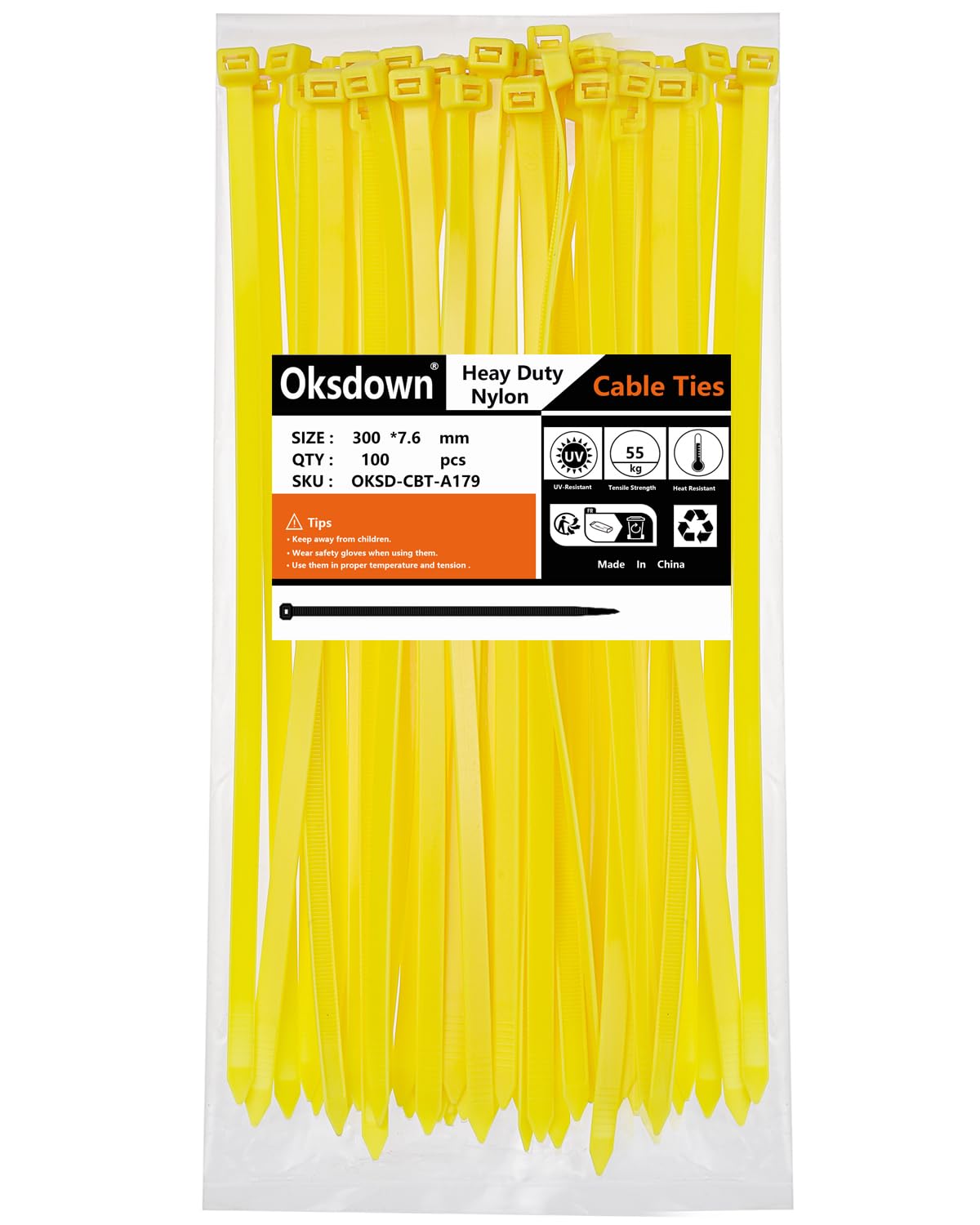 Oksdown 100 Pack Thick Yellow Plastic Cable Ties 300mm×7.6mm Heavy Duty Nylon Garden Long Zip Tie Multi Purpose Premium 12 inch/30 cm Tie Wraps