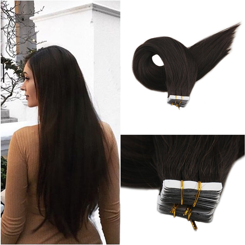 Full Shine Tape in Hair Extensions Color 2 Dark Brown Tape in Extensions 16 Inch Straight Hair Extensions Real Human Hair 20Pieces Glam Seamless Extensions 50Grams