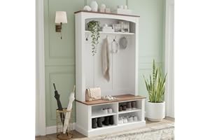 holzart 40.2" Wide Farmhouse Hall Tree with Bench, Entryway Coat Rack & Shoe Storage Cabinet with 5 Hooks, 71" Tall Mudroom Furniture with Adjustable Shelves for Hallway, Foyer, White