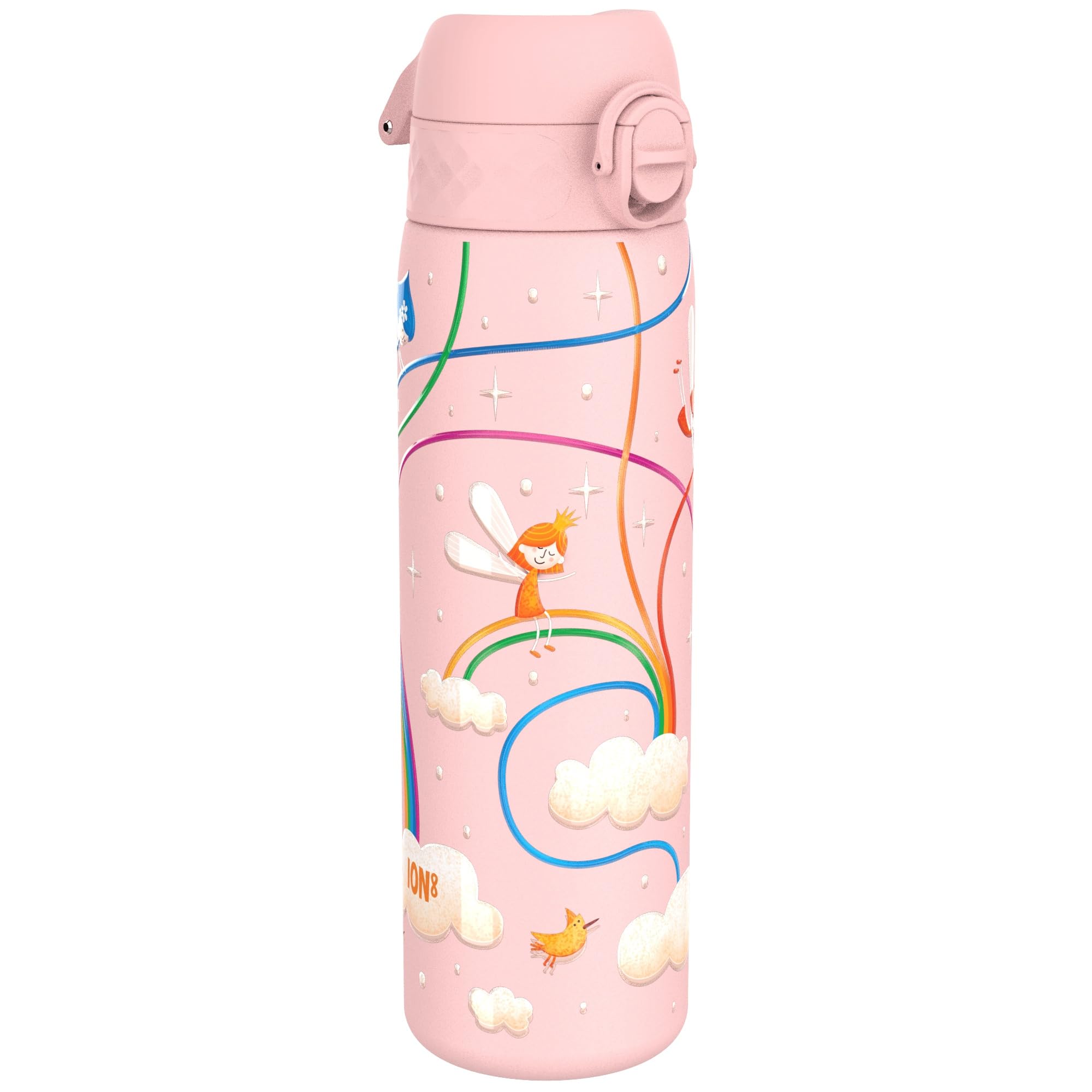Ion8 Lightweight Steel Water Bottle, 600 ml/20 oz, Non-Insulated, Leak Proof, Easy to Open, Secure Lock, Dishwasher Safe, Flip Cover, Fits Cup Holders, Carry Handle, Metal Water Bottle, Fairies