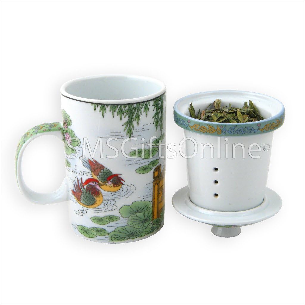 Three Piece Porcelain Tea Infuser Mug - Ladies watching Loving Ducks Design - Chinese Character Represented: 4 Beauties Watching Loving Ducks