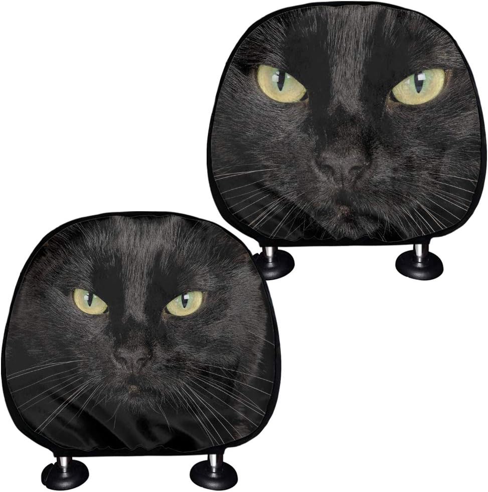 Agroupdream 2pcs Black Cat Car Seat Cover Headrest Covers Stretchy
