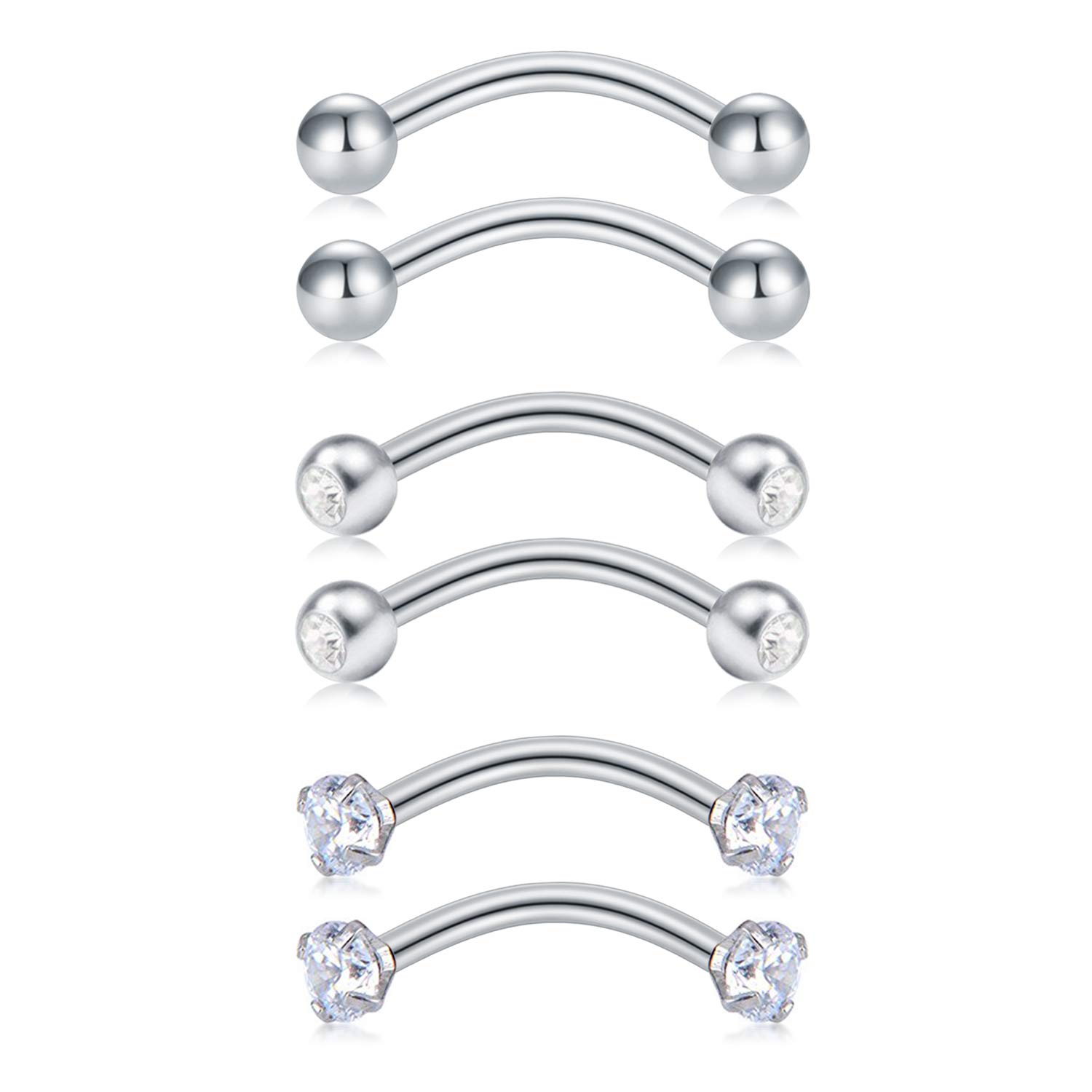 Longita 16G Stainless Steel Curved Barbell Piercing Earring for Women & Men - Helix, Daith, Tragus, Ear, Nose, Lip, Eyebrow, Belly, Septum, Labret - 6PCS Silver