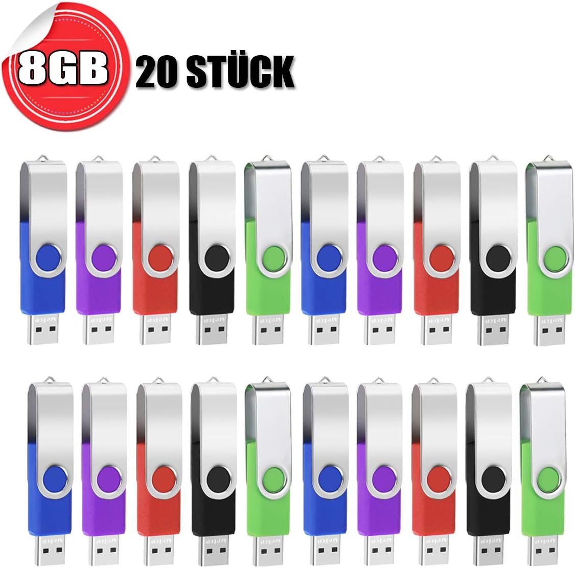 AreTopUSB Stick 1 GB Pack of 20 High Speed Swivel Memory Flash Drives for PC, Laptop, Car 5 colours 8GB 20 Pack