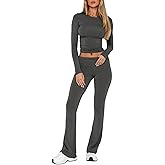 AGECODE 2 Piece Outfits Lounge Sets for Women Ruched Long Sleeve Tops Flare Yoga Pants Tracksuit Workout Sets