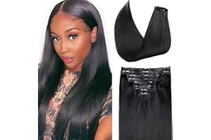 Pobokix Seamless Clip in Hair Extensions Real Human Hair Straight Remy Human Hair Clip in Extensions for Women, Natural Soft Silk Straight Human Hair PU Thin Weft 8Pcs 120g #1B Natural Black