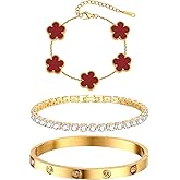 Womens Stackable Floral Gold Bracelets - 3Pcs 18K Gold Plated Bracelet,Stainless Steel Bangle Bracelets Non Tarnish, Gold Bracelet Set Trendy Jewelry,Christmas Valentines Birthday Gifts for Girlfriend