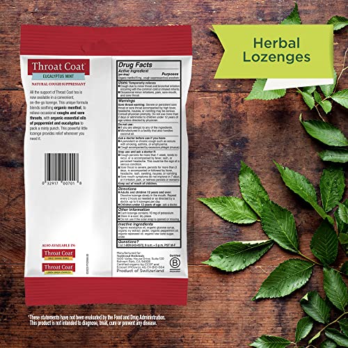 TRADITIONAL MEDICINALS LOZENGES, ORGANIC THROAT COAT LOZENGES, EUCALYPTUS MINT, SOOTHES SORE THROATS & RELIEVES COUGHS, 16 INDIVIDUALLY WRAPPED