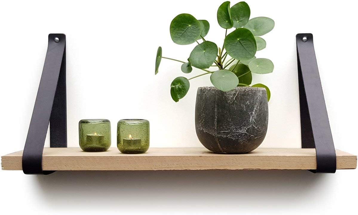Brute Strength - Leather shelf brackets - Black - 2 pieces - Floating shelf set - Wall brackets - Shelf straps - Full grain leather