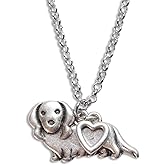 Long Hair Dachshund Charm Necklace, Long Haired Wiener Dog Pet Lover Gift, Silver Metal with Heart Pendant on a Chain, Ladies I Love Hot Dog Datsun Fluffy Hair