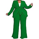 IyMoo Plus Size Suits for Women Business Open Front Long Sleeve Blazer Elastic Waist Solid Straight Leg Pant Set Suits
