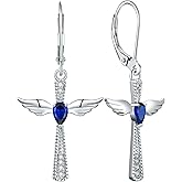 YL 925 Sterling Silver Cross Dangle Drop Earrings Pear Cut Birthstone Angel Wings Leverback Earrings for Women