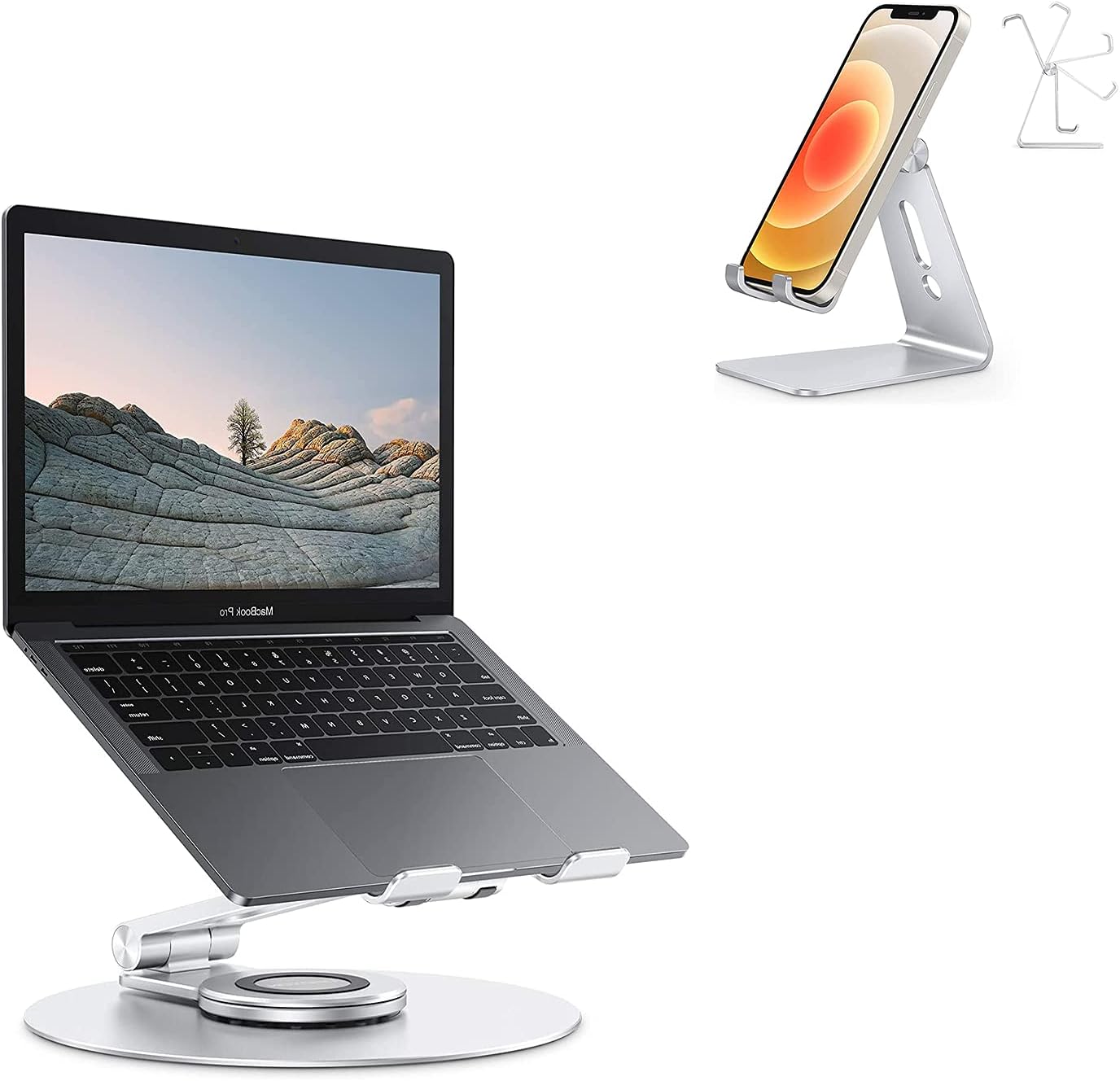 OMOTON Swivel Laptop Stand Holder for Desk Silver & Cell Phone Stand C2 Silver