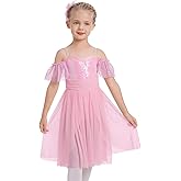 ODASDO Girls Lyrical Dance Outfit Ballet Leotard Sequin Spaghetti Straps Tulle Dress Ballerina Clothes
