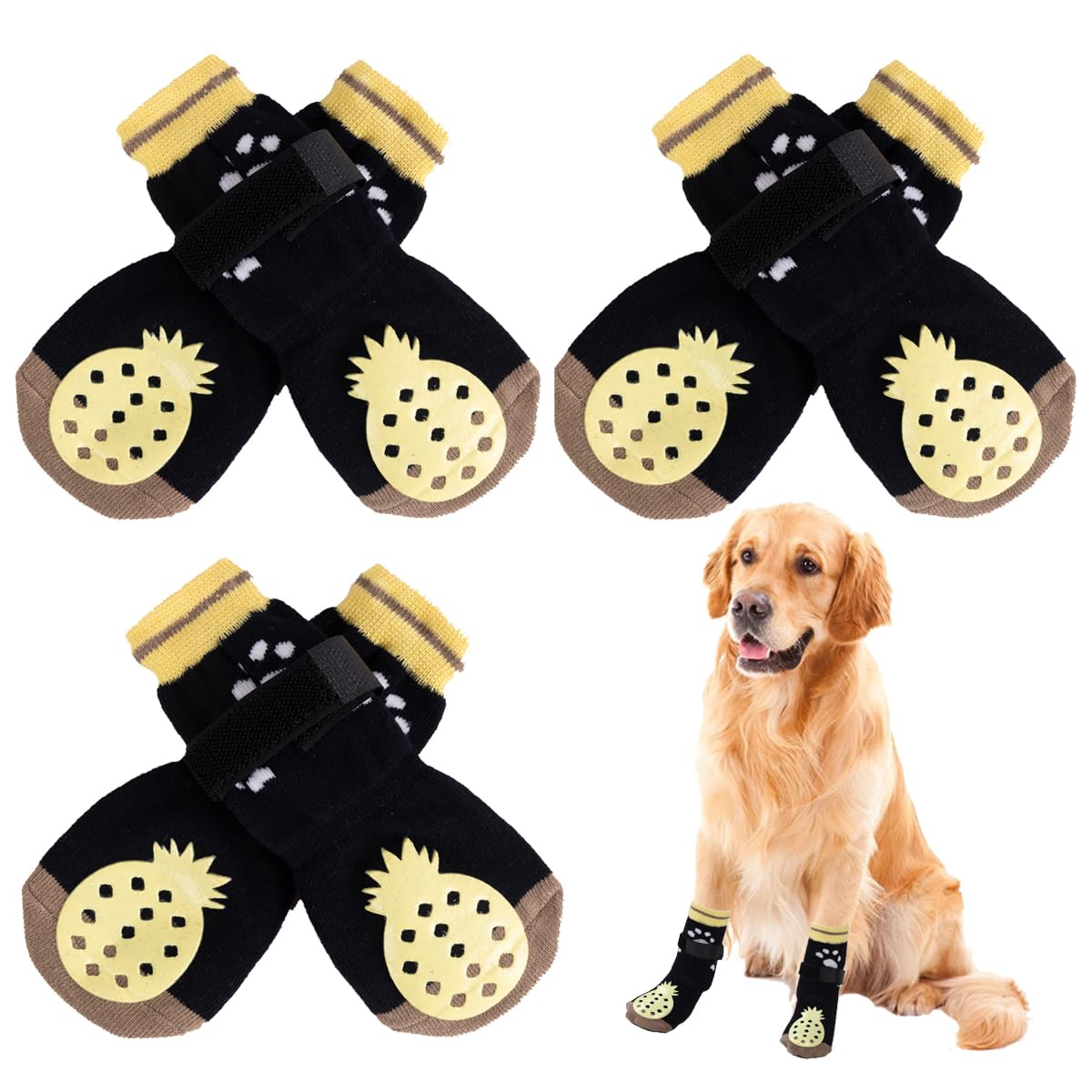 EASY JOY 3 Pairs Anti Slip Dog Socks - Adjustable Straps, Dog Paw Socks with Grips, Yellow Pineapple Pattern, Size XS