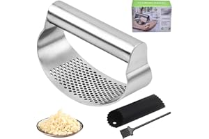 Garlic Press Rocker: Heavy Duty Stainless Steel Garlic Mincer & Crusher with Silicone Peeler Brush - Dishwasher Safe Kitchen 
