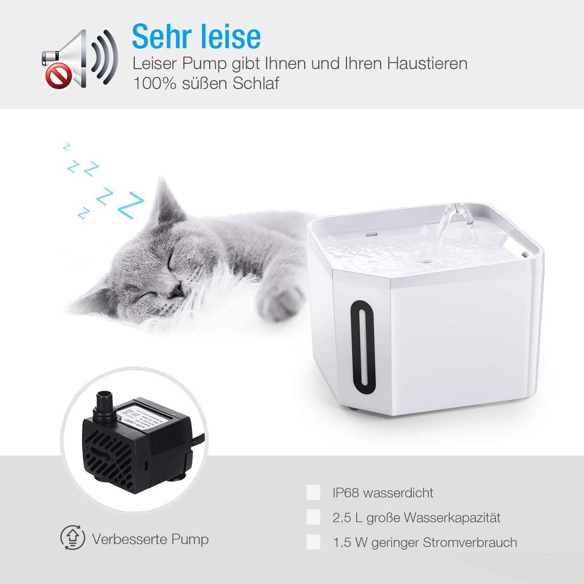 isYoung Trinkbrunnen, 2.5L Weiß Katzenbrunnen Automatisch Leise Haustier Wasserbrunnen für Katzen, Hunde,mehrere Haustiere
