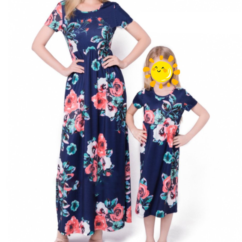 Pevor Mommy and Me Floral Printed Bohemia Maxi Long Matching Dresses Mom XL Navy
