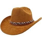 Wotfim Classic Suede Cowboy Hat for Adult Wide Brim Western Cowgirl Hat Women Fedora Hat with Leopard Print Hatband