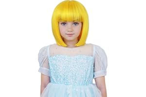 YTbeauty Kids Wig Short Bob Wig with Bangs Natural Straight Yellow Bob Wig for Girls Cosplay Halloween Party Heat Resistant Synthetic Costume Child Wig with Wig Cap(Yellow)