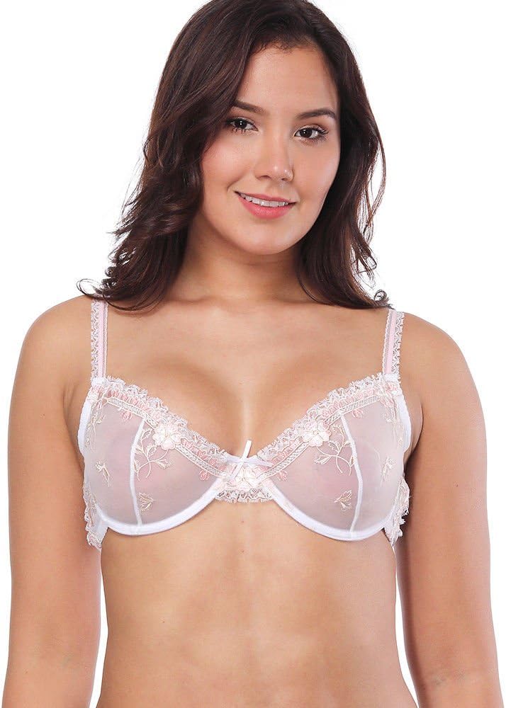 YANDW Lace Underwire See-Through Bralette Lingerie Embroidery Mesh Sheer Push up Unlined Bra Panties Set Women