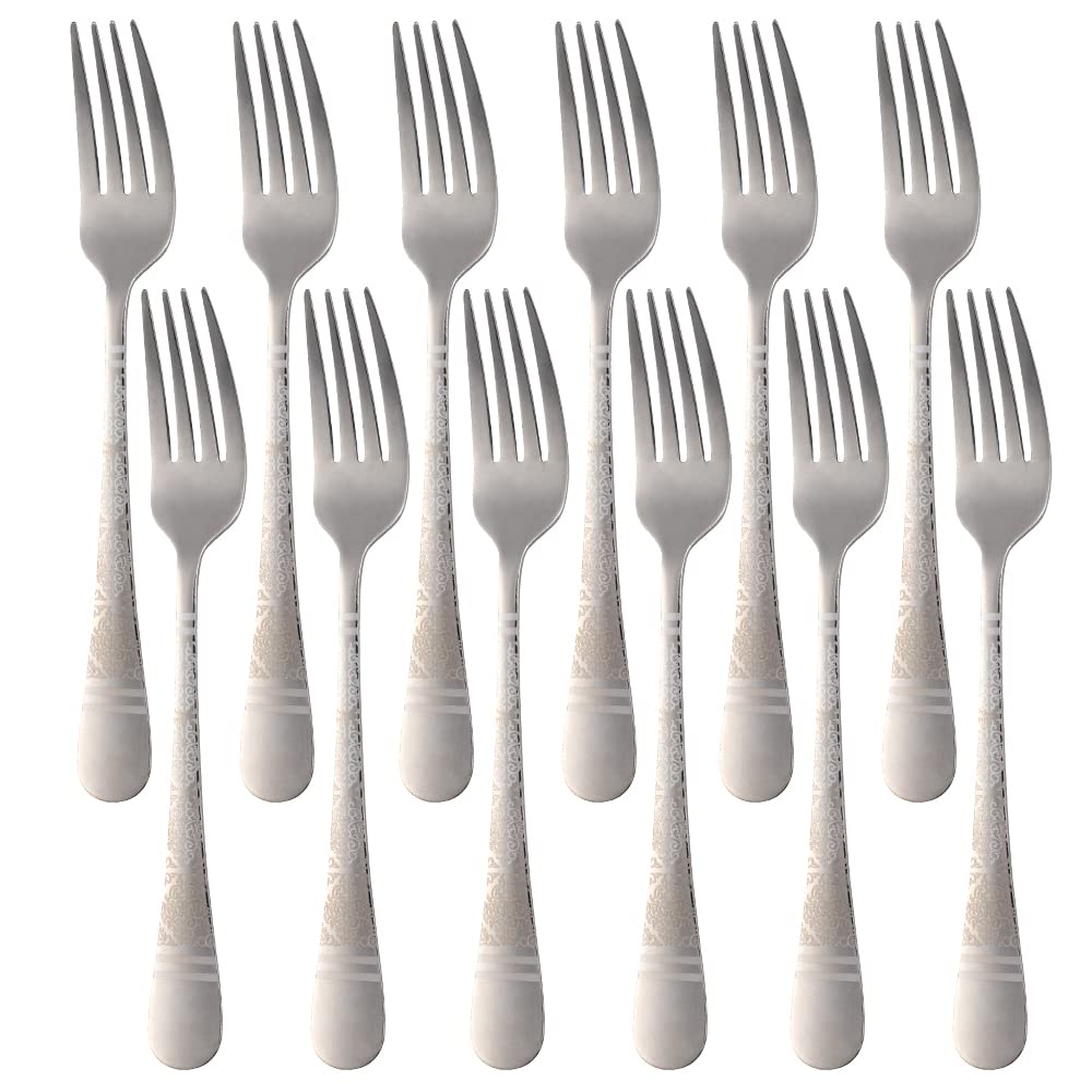 Dinner Forks, Buyer Star Stainless Steel Table Forks Set of 12, Classic Flower Pattern Metal Cutlery Forks Set for Home Kitchen Restaurant, Dishwasher Safe - (8.1 in, Silver)