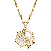 MTMY Birth Flower Necklace 14K Gold Plated Mother of Pearl Disc Birth Month Flower Pendant Necklaces for Women Personalized Custom Floral Jewelry Birthday Gift