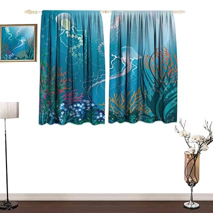 Tidefree Aquarium Bedroom Full Blackout Curtain Panels Artistic Jellyfishes Swimming Under The Sea Coral Reef Plants Oceanic Fauna Art Prints