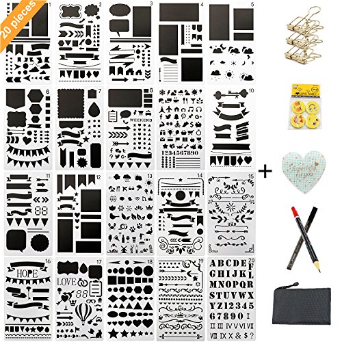 YARKOR 20 Pieces Bullet Stencil Plastic Planner Stencils,for Journaling/Scrapbooking/Card/Art Projects/DIY Drawing Template Stencil 4x7 Inch,Eraser,Binder Clips,Mechanical Pencil and Greeting Card - Thumbnail 7